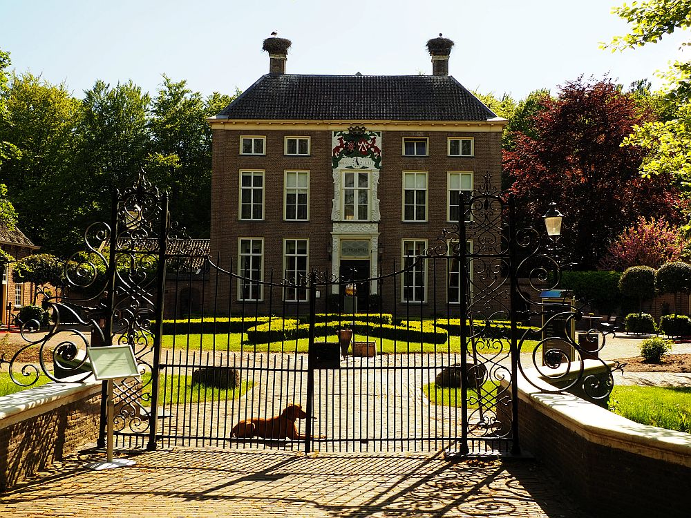 An elegant estate house, tall and square and symmetrical. Door in the center, decorative window above it. On each side of the door, two tall windows, with two somewhat less tall windows above them and smaller square windows above them. Red-brick with white trim around the windows. The drive in front splits to form a circle: the circle has grass and some very nearly trimmed shrubs in the shape of a star. Nearer the camera is the iron gate, which is closed, and a dog lies in the driveway behind the gate.