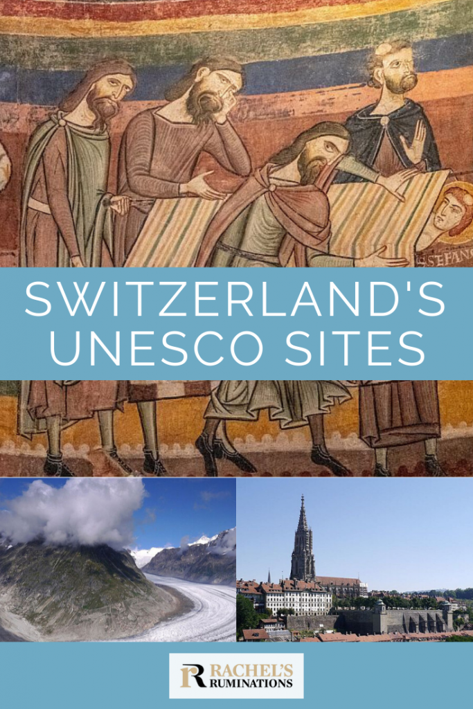 Pinnable image
Text: Switzerland's UNESCO sites (and the Rachel's Ruminations logo)
Image: a fresco from the Benedictine Convent of St John at Müstair, one of the UNESCO sites in Switzerland