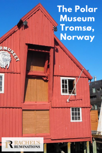 Pinnable image
Text: The Polar Museum, Tromso, Norway
Image: the museum: a bright red wooden building with a peaked roof and standing on stilts. Blue sky above.