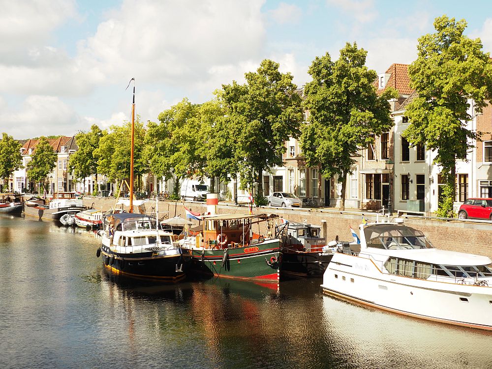 Along the wall of the canal are a row of pleasure boats of various sorts. A row of trees on the bank of the canal above them, with a row of houses behind them.