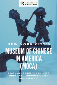 Pinnable image Text: New York City's Museum of Chinese in America (MOCA). Learn all about the Chinese immigrant community, past and present. Image: a cap gun with an image of a white man kicking a Chinese man while pulling on his braided hair.