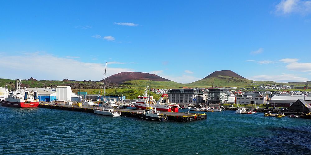 A view of Heimaey Iceland's port: a dock extends out from the left with assorted boats moored to it on both sides. Then the land side of the port has more assorted boats. Buildings behind, mostly 3-5 stories, grassy land behind the buildings and two black mountains behind that.