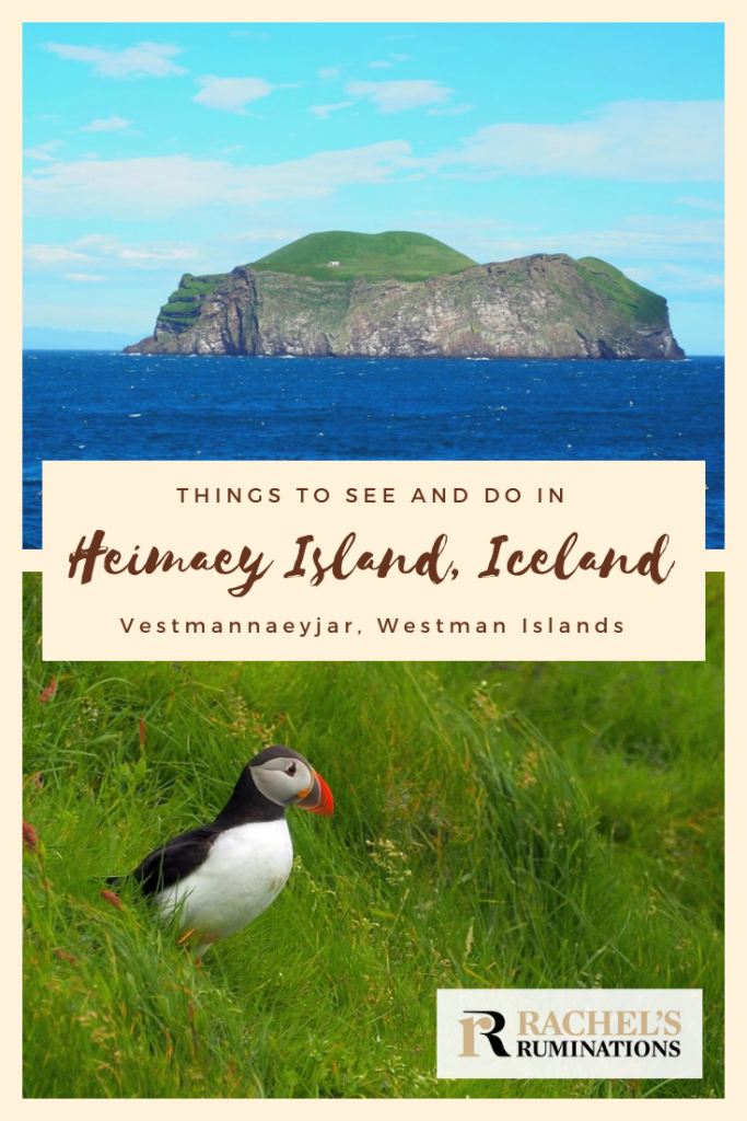 Pinnable image
Photos: Above, an island with steep cliff sides above blue sea. Below, a puffin standing on a grass.
Text: Things to see and do in Heimaey Island, Iceland, Vestmannaeyjar, Westman Islands