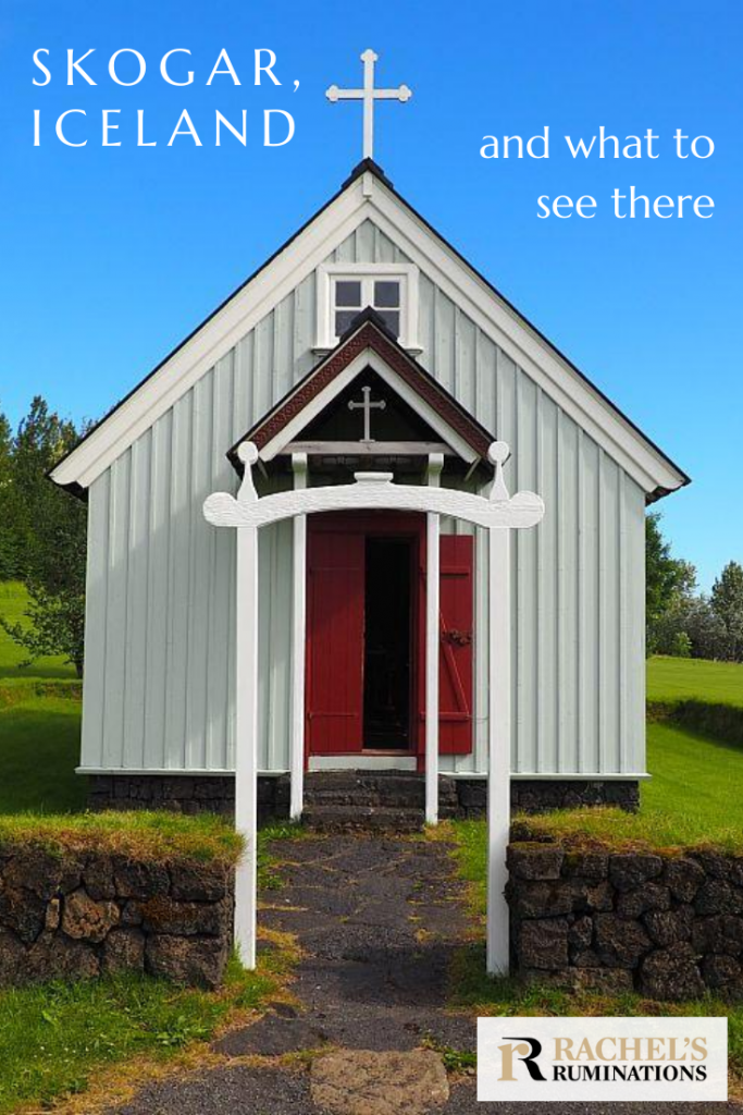 Pinnable image:
Text: Skogar Iceland and what to see there
Image: direct front view of a smalll church: white with a red door and a cross on the peak of the roof.