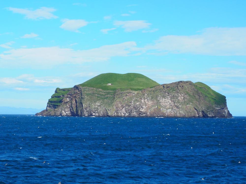 The island stands high in the blue water, meaning the sides are straight vertical cliffs in brown stone. The top has a bump, covered in green grass. On the side of the bump is a white spot which is a small house.