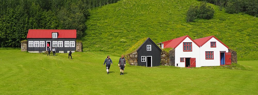 The house on the right has one brown front and two white fronts and all three parts of the house are two-story, with a door and a window on the ground floor and one window on the upper floor. Each roof is peaked. Only the left-hand part has grass growing on the roof; the other two have red roofs. Between the houses are thick walls of turf. The house on the left is brown wood with a door in the middle, 3 windows on the left and four on the right. One small window on the roof, which is red.