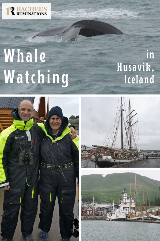 Pinnable image
Text: Whale watching in Husavik, Iceland
Images: top: a whale's tail in grey water. Left, the picture of Albert and me in the coveralls. Right, 2 smaller pictures: One of the ship and one of the harbor