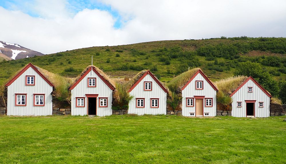 The turf farmhouse looks like a row of separate small houses, but they're actually attached inside. The five fronts here are all painted off-white with reddish-brown trim. Three of the five have a central door with a window on each side of it. The other two fronts just have two windows on the ground floor. Each front has an upper floor, each of which has a single window in the center. The roofs all have grass growing on them and the space between the fronts is all filled with turf blocks.