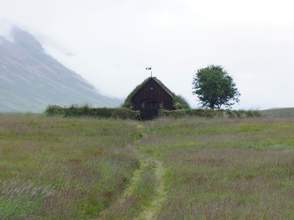 In a grassy field, the low grass-covered church stsands alone, surrounded by a low grass-covered wall, and with one lonely tree beside it. It has no steeple, just the steeply slanted roof that almost reaches the ground on both sides. The front is brown wood.