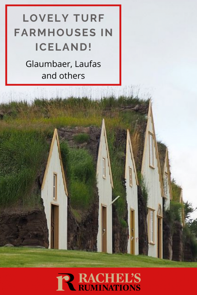 Pinnable image
Text: Lovely turf farmhouses in Iceland! Glaumbaer, Laufas and others
Image: the front gables of Glaumbaer, seen from an angle. Off-white with a yellowish-orange trim and doors.