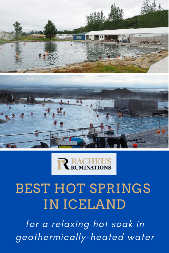 Pinnable image:
Text: Best hot springs in Iceland for a relaxing hot soak in geothermically-heated water
Images: the photo of the Secret Lagoon above and the one of Myvatn below.