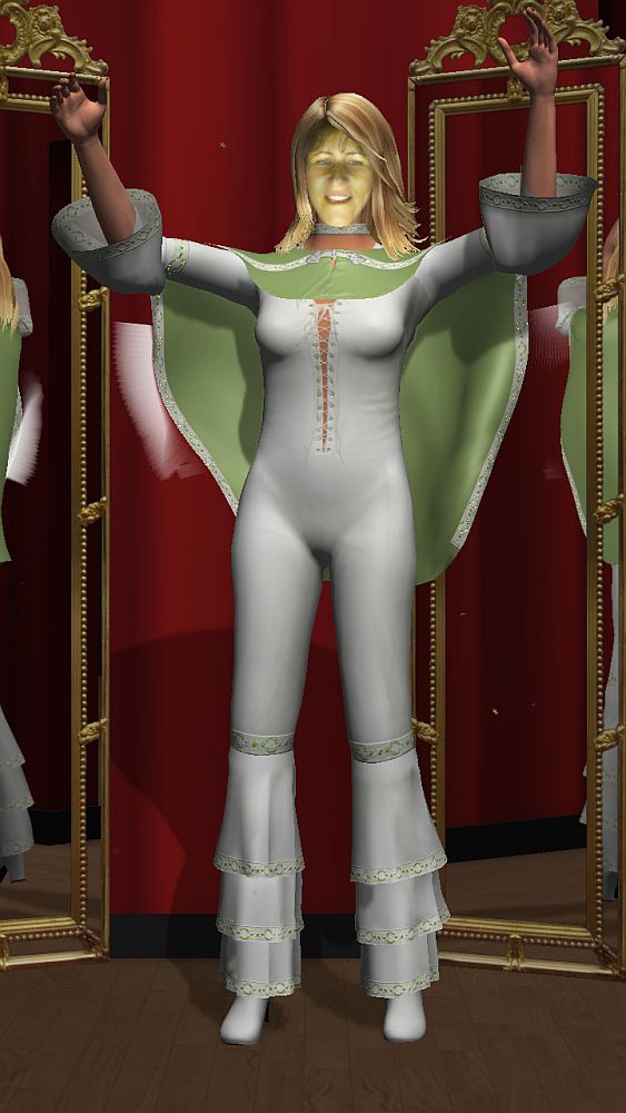 A digital image of a woman whearing white spandex skintight jumpsuit, laced up the belly and chest, with a three frills below the knees, a light green cape attached around her shoulders, 3/4 sleeves, again with a frill at the end of the sleeves. Here arm are raised outward, bent upward at the ellbow. Her hair is light brown and the face is mine, lookng a bit greenish. 