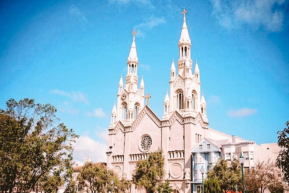 The front of the St. Peter and Paul Church, with its two towers, each with smaller turrets around them. 