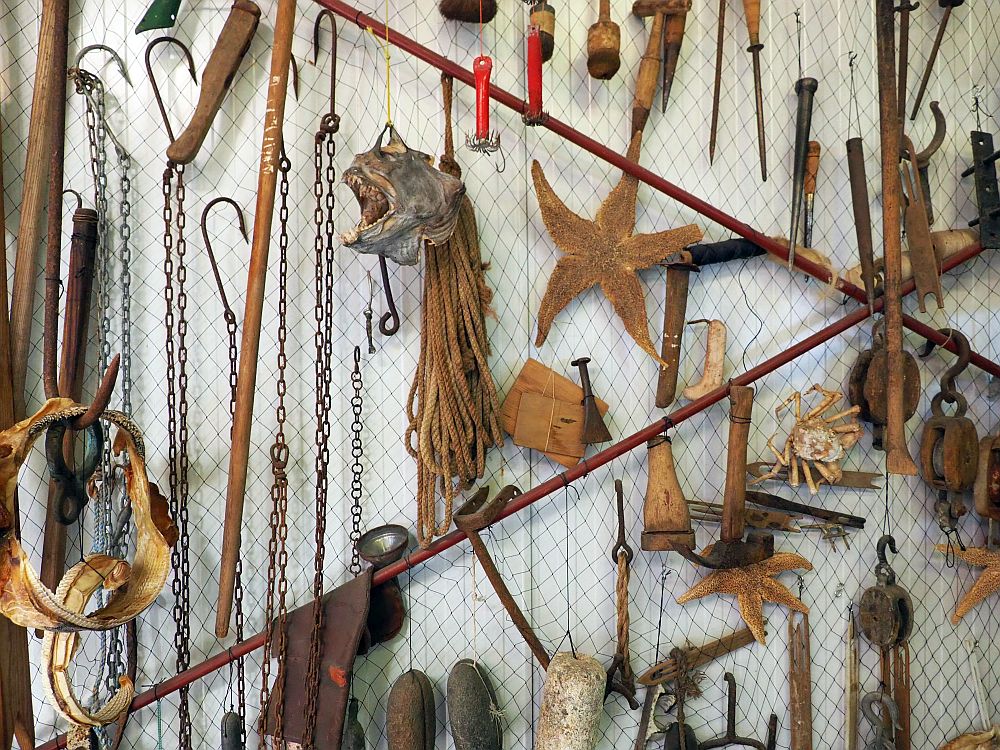 A wall with chicken wire attached to it, and a collection of things hanging in front of the chicken wire: a dried fish head, a hank of rope, several starfish, a shark's jawbone, lots of fish hooks and implements for repairing nets, buoy floats, etc.