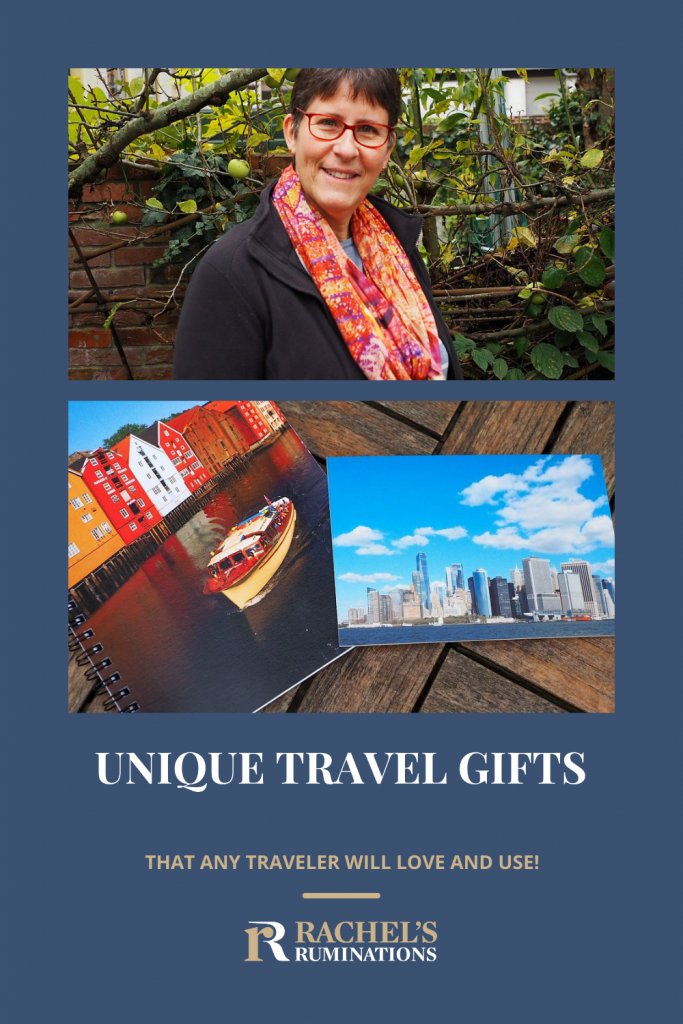 Text: Unique travel gifts that any traveler will love and use! Images: above, me wearing a bright pink and orange travel scarf; below, two items printed with travel photos: on the left a notebook with a photo of warehouses along a canal with a boat passing by, and on the right, a photo of the NYC skyline.