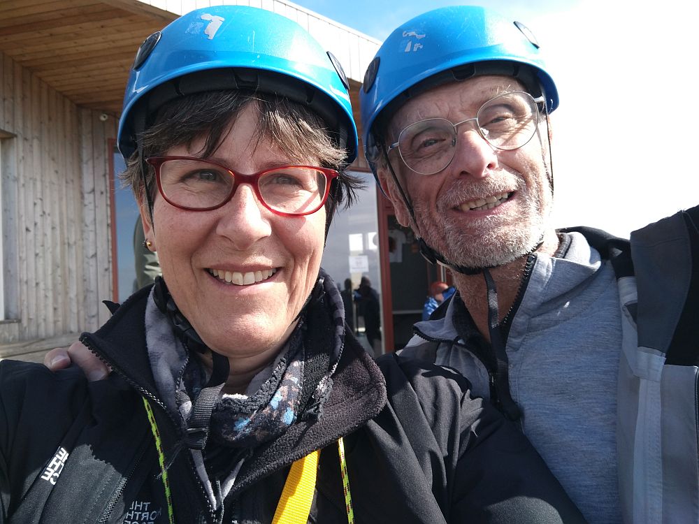 Me on the left, Albert on the right. We're both wearing a blue helmet and glasses, both smiling at the camera.