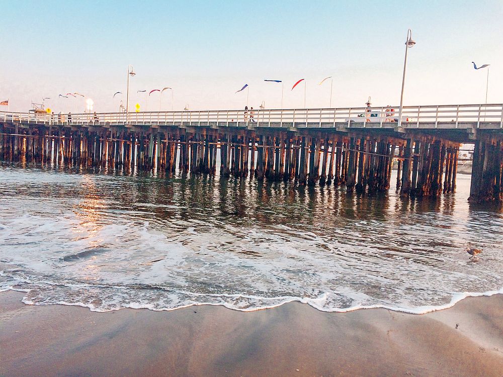 A view of a large pier: it crosses the photo horizontally, from a view below it, so the pilings holding it up are visible. In the foreground, waves on a beach.