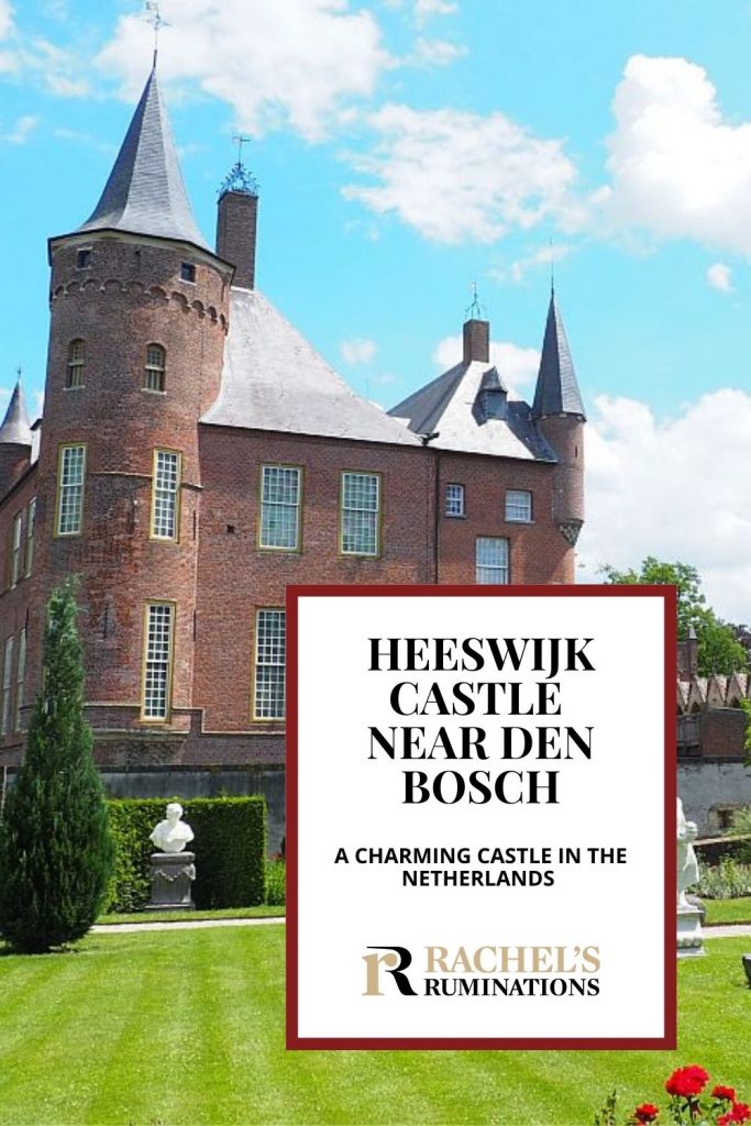 Pinnable image
Text: Heeswijk Castle near Den Bosch: A charming castle in the Netherlands
Image: view of the castle: red brick, round turrets, with a neatly mown grassy garden in front.