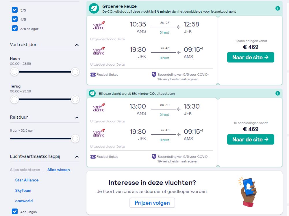 The screenshot has two main boxes, one above the other. Both show Virgin Atlantic flights from AMS to JFK and from JFK to AMS. Both cost 469 euros. 