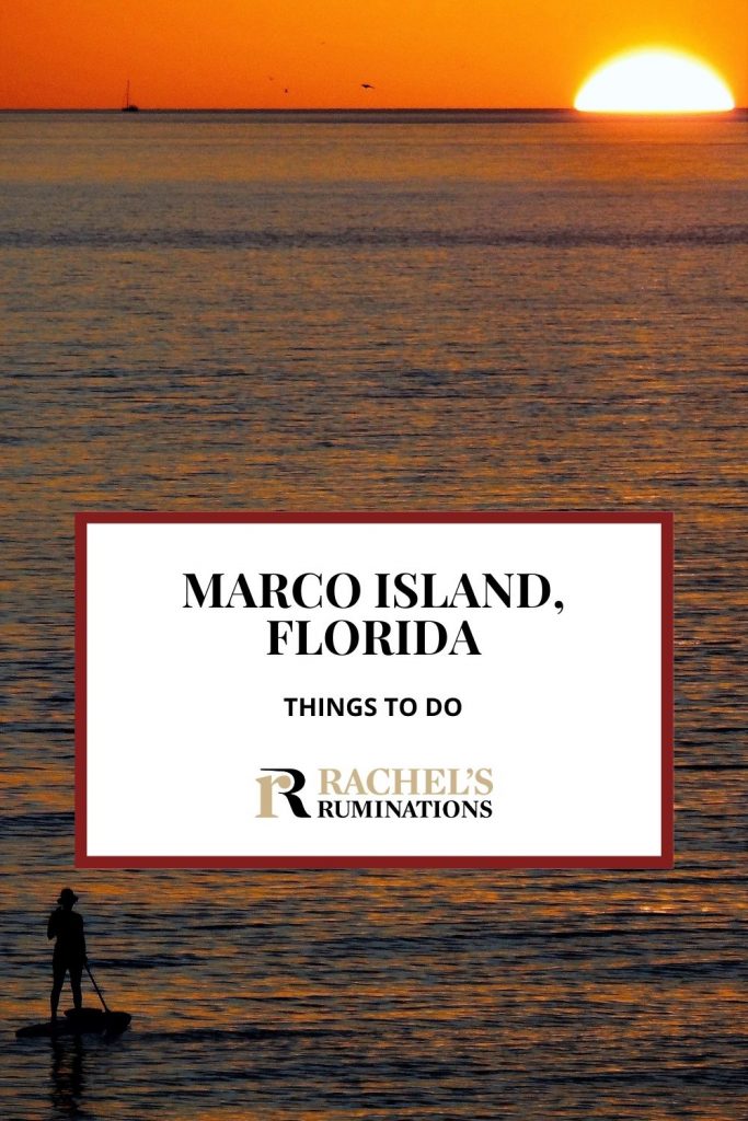 PInnable image
Text: Marco Island, Florida Things to do (and the Rachel's Ruminations logo)
Image: a sunset: The sun is a bright semi-circle on the horizon at the very top of the photo. The sky is bright orange. The sea fills the rest of the photo, quite dark blue and very calm. Bottom left, a paddle-boarder in silhouette.