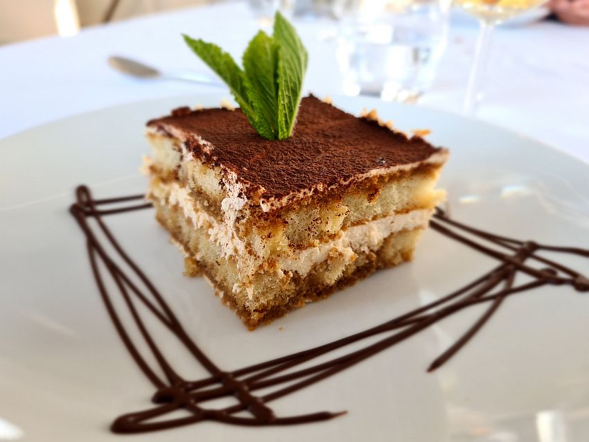 A neat square of tiramisu with a decorative dribble of chocolate sause around it and a sprig of mint leaves stuck up in its center.