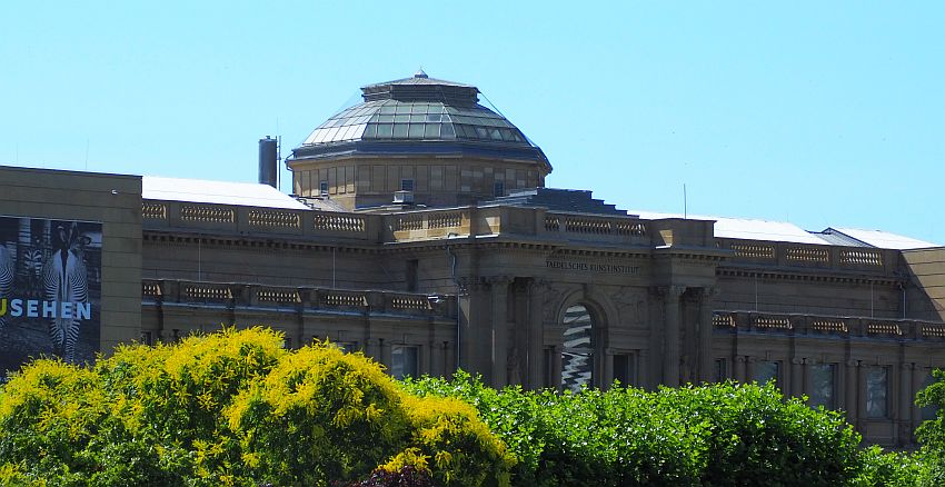 A classical-style building that looks quite palace-like. Dark stone, with pillars framing the entrance and all of the windows as well. A dome rises above the rest of the building.