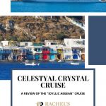 Text: Celestyal Crystal Cruise: A review of the "Idyllic Aegean" cruise. Images: above, the ship; below a view of a colorful row of houses on the water.