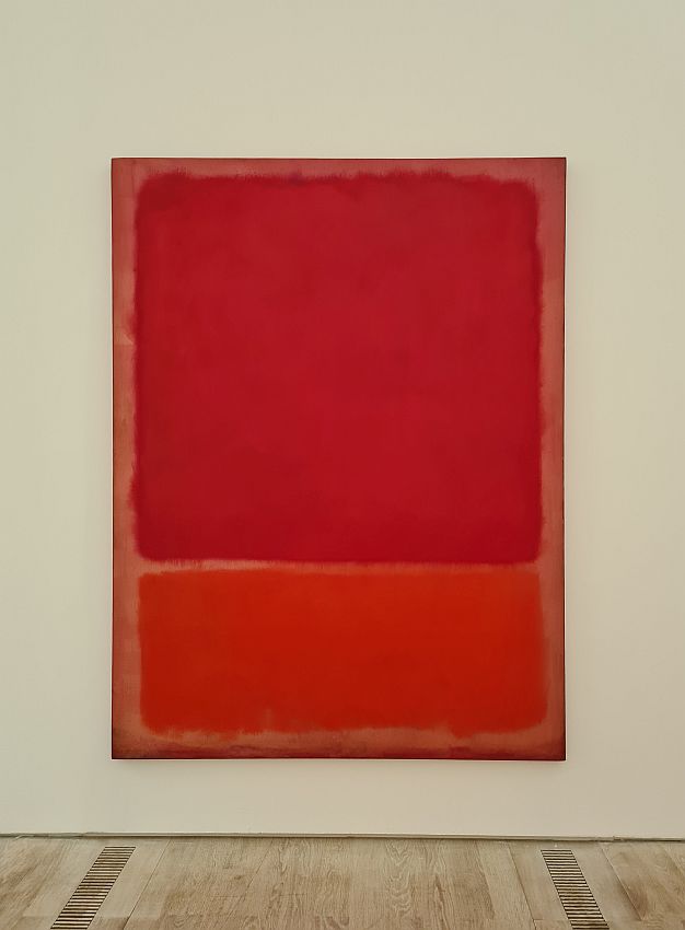 Like most Rothkos, the painting is very simple, with two squares of color: red above and an orangy-red below.