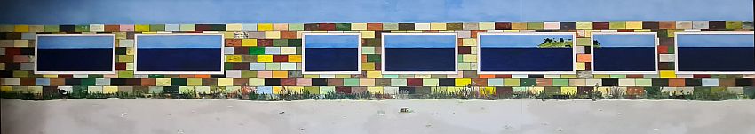 A long horizontal painting shows sand along the bottom, a wall of colorful bricks above that, with big rectangular openings. Through the openings is the sea. On the horizon a green island is visible.