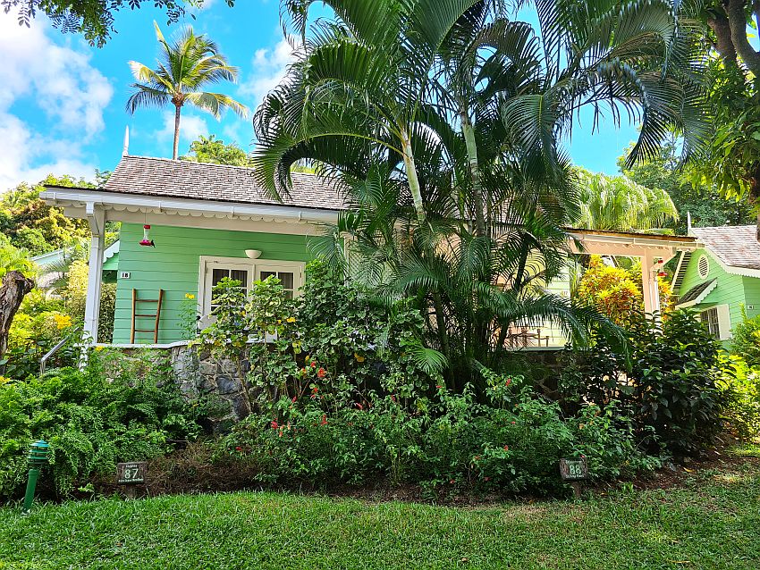 The building is barely visible because of all the greenery growing in front of it. The left-hand of the two verandahs is partly visible: painted green with white trim, and a hummingbird feeder hanging from the eaves.