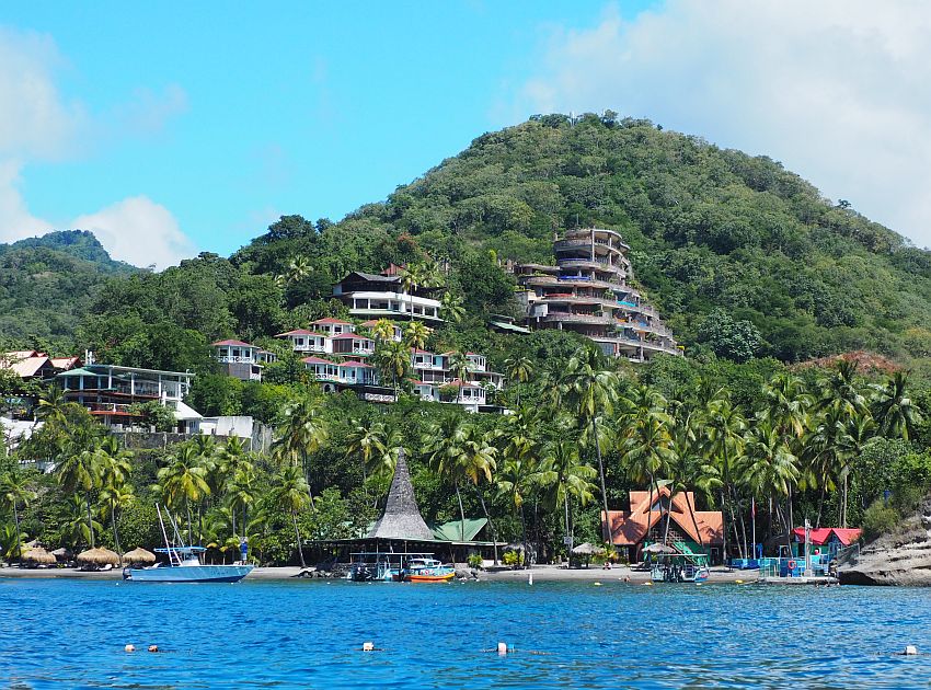 Anse Chastenet Beach, seen from the water, with the Jade Mountain resort on the hill above.