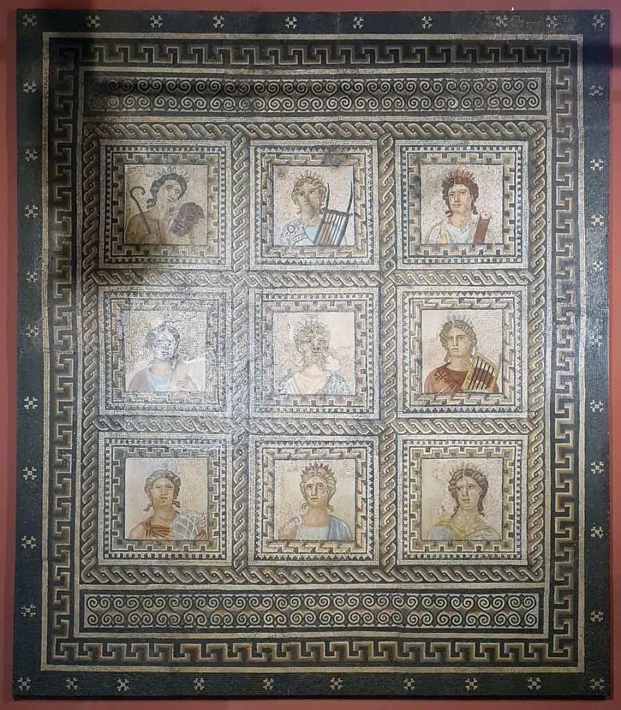 A mosaic in the museum comes from Trier and is divided in 9 squares. Each square shows a bust of one of the 9 muses.