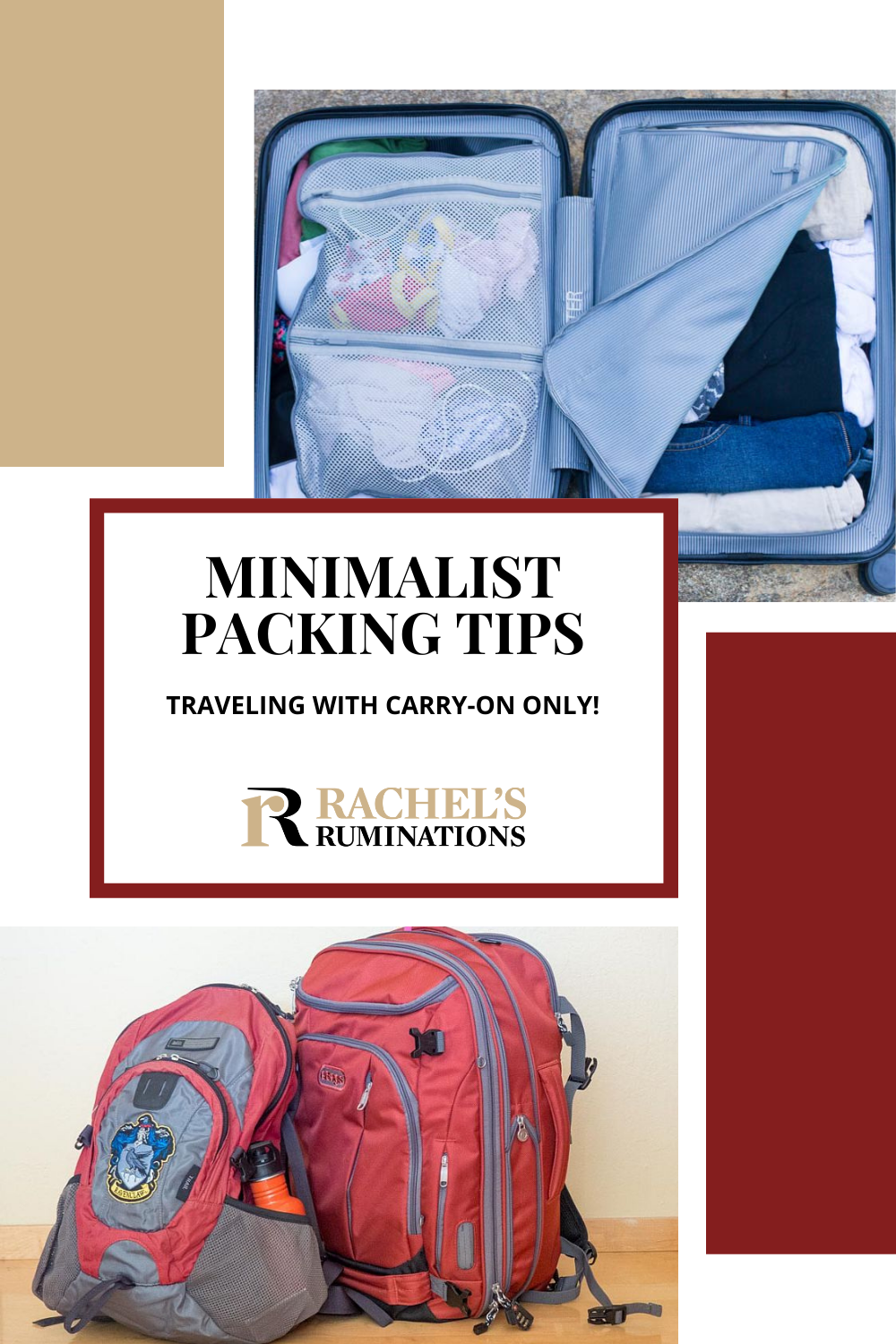 These minimalist packing tips give you a step-by-step guide: everything you need to know and do to travel with carry-on luggage only! Pin it for later! via @rachelsruminations