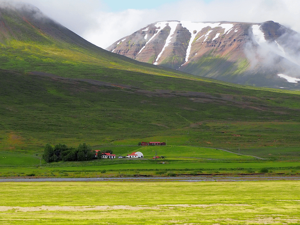 A view of a green grass-covered hill in Iceland. At its base, just a few buildings and a clump of trees, all looking very small against the hill. Behind the hill, a much bigger one: rocky and snow-covered.