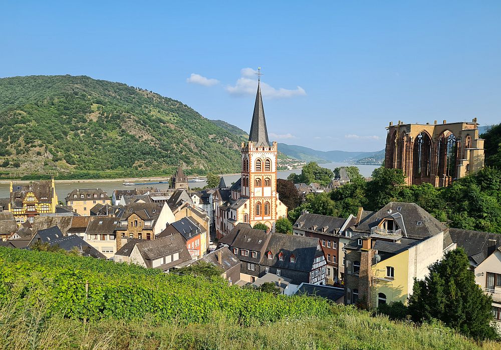 View over Bacharach from a height, the church with its tower in the center, the Rhine river visible behind with a green-covered hill in the background.