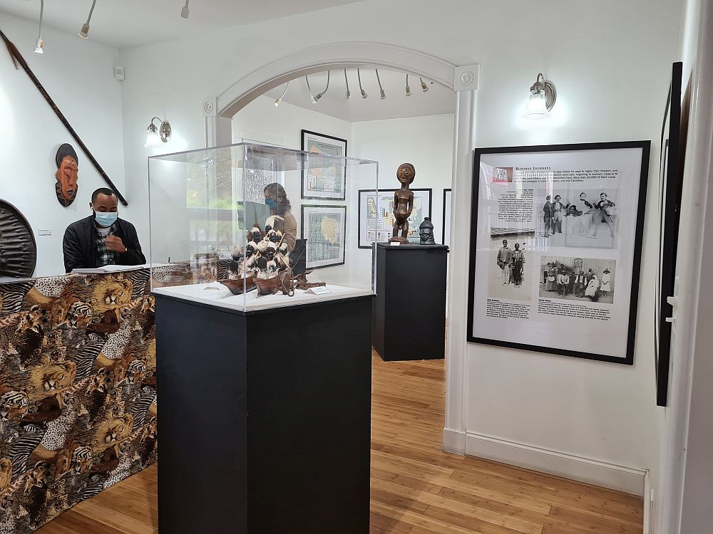 To the left, a man wearing a surgical mask stands behind a high counter, an African mask on the wall behind him. In the center of the wooden floor is a square pillar with a glass case on top that has African carvings inside it. Another such case is visible in the room behind. On the white walls are framed signs with text and photos.