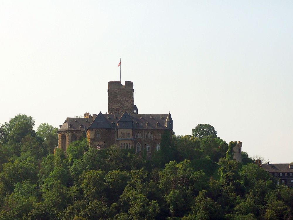 A Rhine Valley Castle on a hill: a large wide building with lots of windows, and a rounded part at one end (a chapel, perhaps). One tower in the center, rectangular, with a crenellated top and a flag waving from a pole on top.