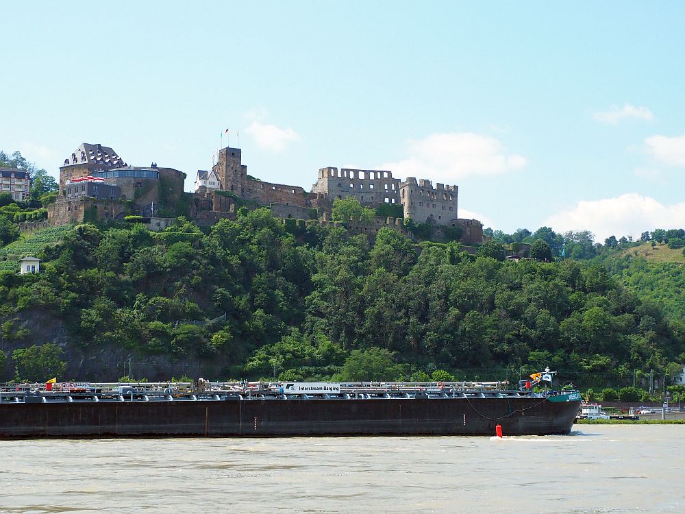 The castle extends along a height. The right-hand part and center part are clearly ruins, with empty window openings and missing roofs. ON the right are newer structures: a building with many windows in its slanted roof, and another with a whole wall of windows. On the river below a very long freight bar blocks sight of the shore. 