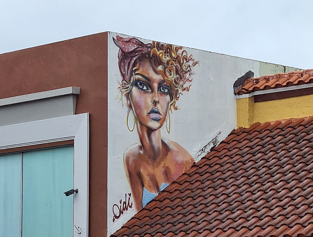 The mural is the head and shoulders of a woman, painted on a triangular bit of wall on the side of one building and above the slanted roof of the neighboring building. She blond hair tied up in a bandana on her head and wears hoop earrings.