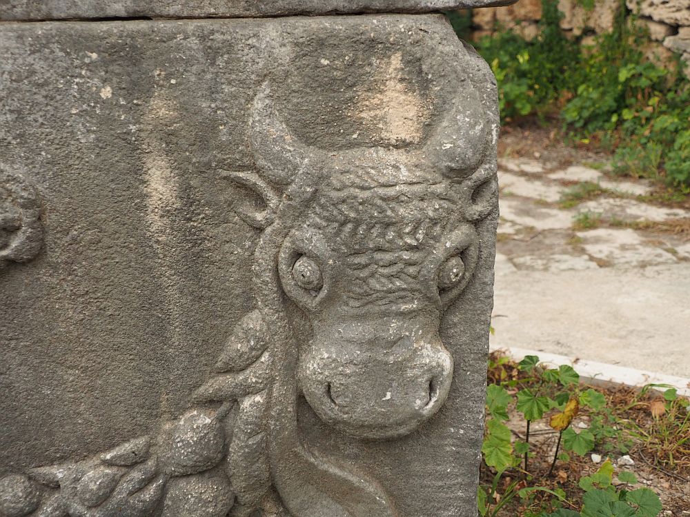 close-up of a carved sarcophagus figure of a bull.