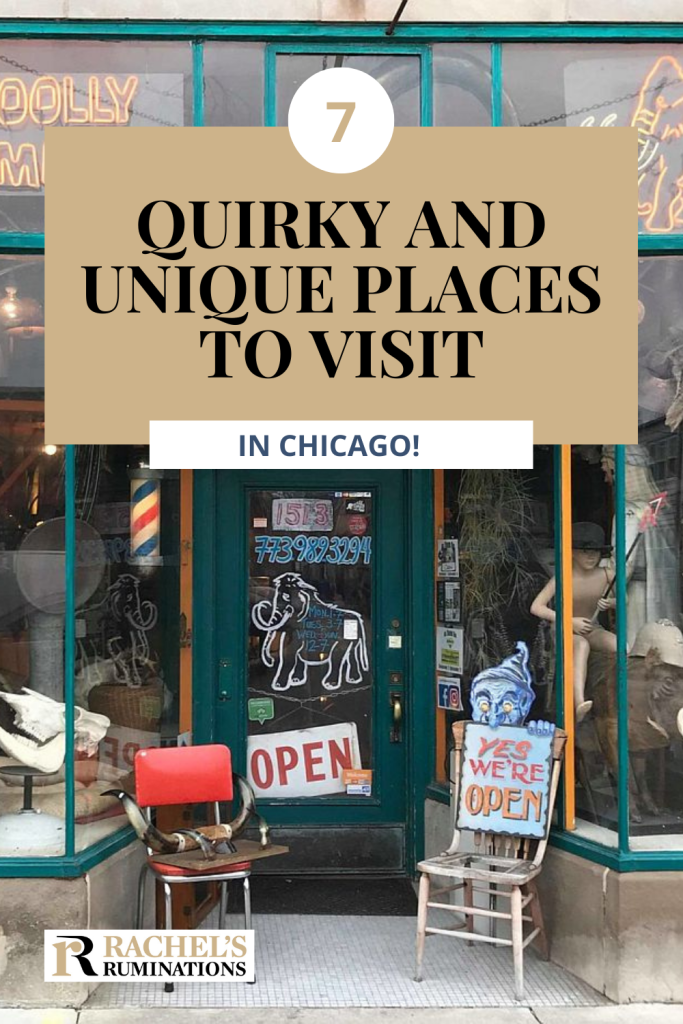 Text: 7 quirky and unique places to visit in Chicago! (and the Rachel's Ruminations logo)
Image: the store front of Woolly Mammoth Chicago