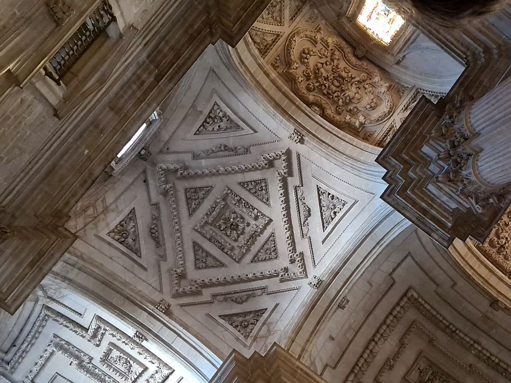 A square panel of roof, with another square inside it set on the diagonal. The square has rosettes around its edge and repeated inside it.