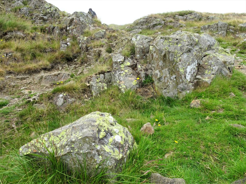 A section of Hadrian's Wall that has mostly fallen apart, with stones scattered on the ground.