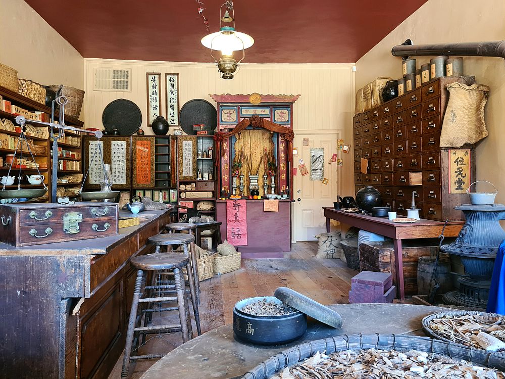 A shop set up to look like it did when a Chinese person ran it in Columbia State Historic Park, a ghost town in California.