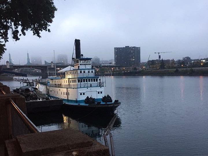 A boat moored at the Portland waterfront.