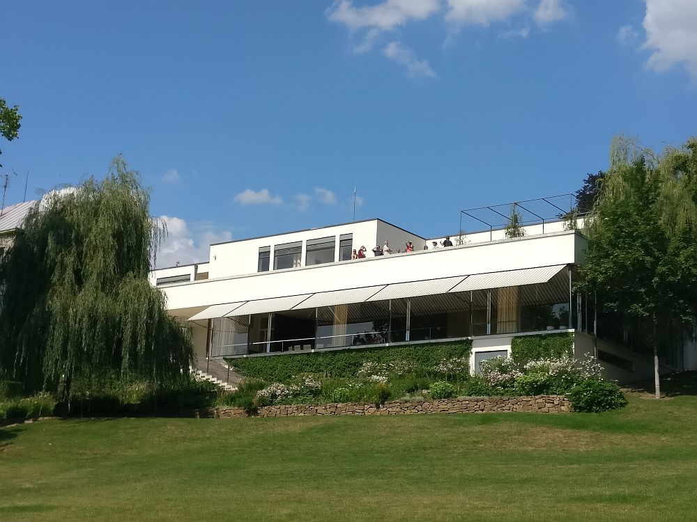 view of the house from the back garden: white and square edged, with glass across the lower story and a terrace on the upper story, with a flat roof.