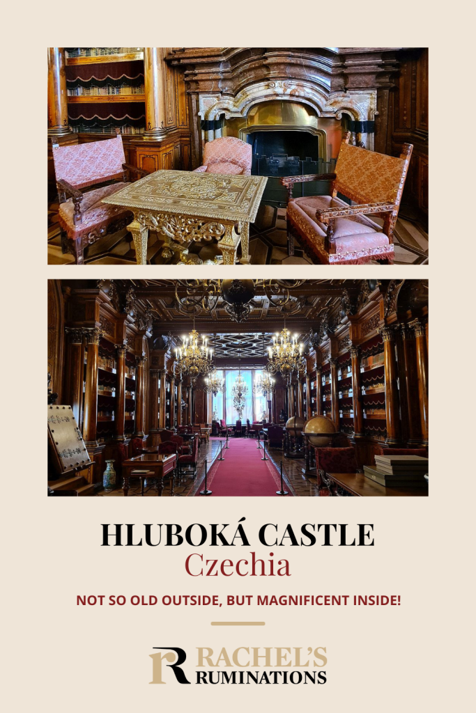 Text: Hluboká Castle Czechia: Not so old outside, but magnificent inside. Images: two views of the castle's opulent library.