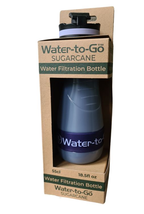 A Water-to-Go filter bottle in its cardboard packaging.