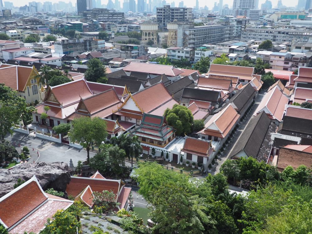 Closely clustered buildings, seen from above: each with a red roof and most with pointed decorations at their peaks and eaves.