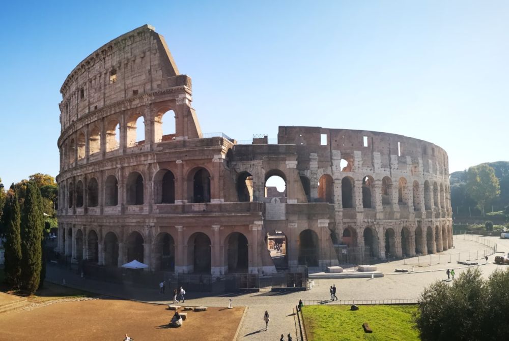 A view of the Colosseum exterior, probably the best known of the historic sites in Rome.